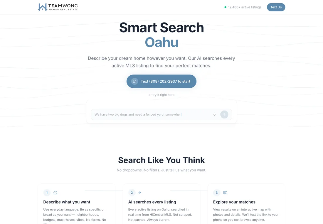 Screenshot of the Chat Team Wong Hawaii smart search homepage